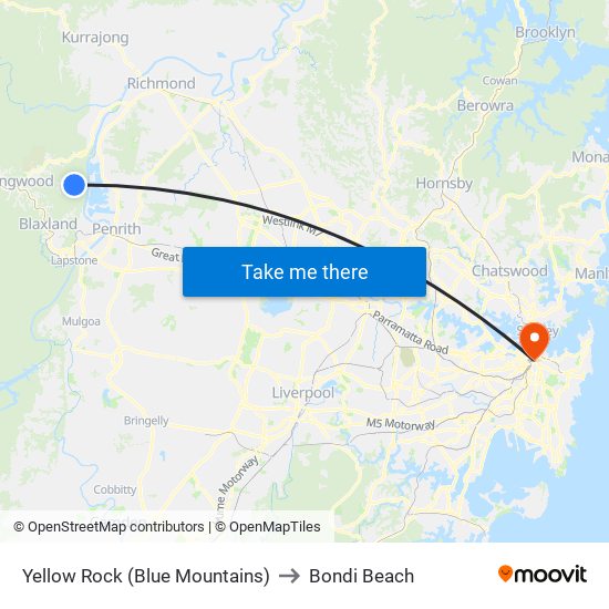 Yellow Rock (Blue Mountains) to Bondi Beach map