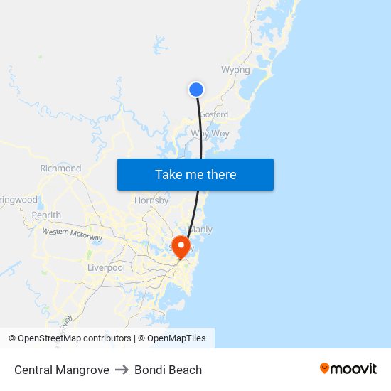 Central Mangrove to Bondi Beach map