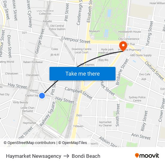 Haymarket Newsagency to Bondi Beach map