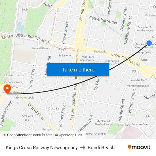 Kings Cross Railway Newsagency to Bondi Beach map