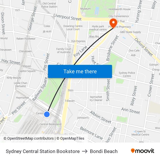 Sydney Central Station Bookstore to Bondi Beach map