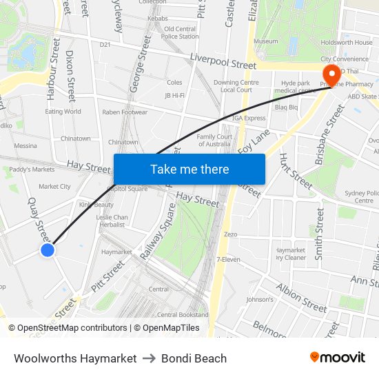 Woolworths Haymarket to Bondi Beach map