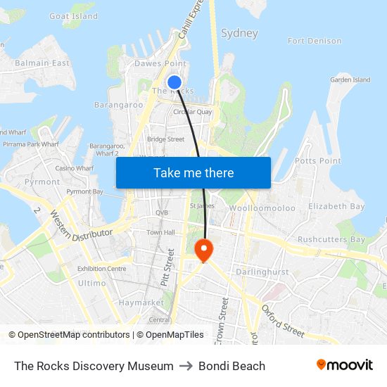 The Rocks Discovery Museum to Bondi Beach map