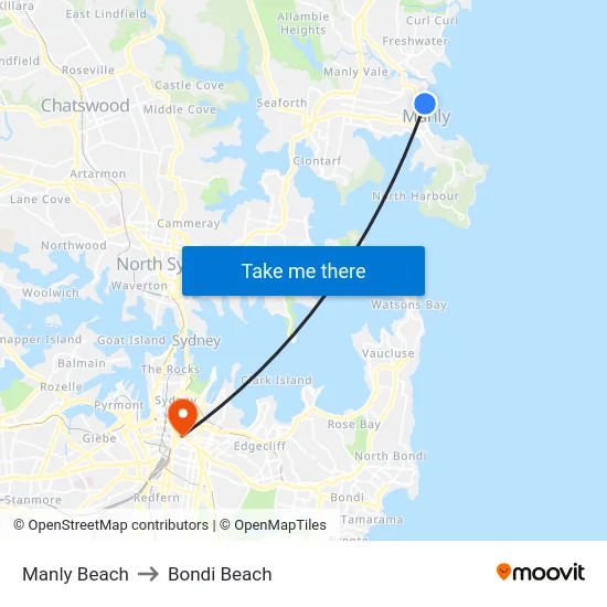 Manly Beach to Bondi Beach map