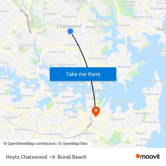 Hoyts Chatswood to Bondi Beach map