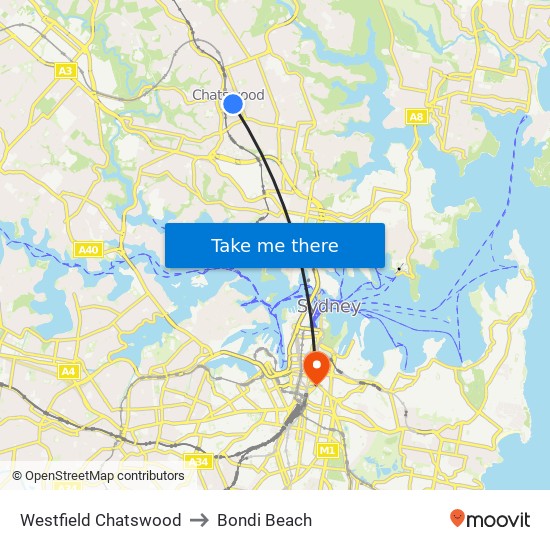 Westfield Chatswood to Bondi Beach map