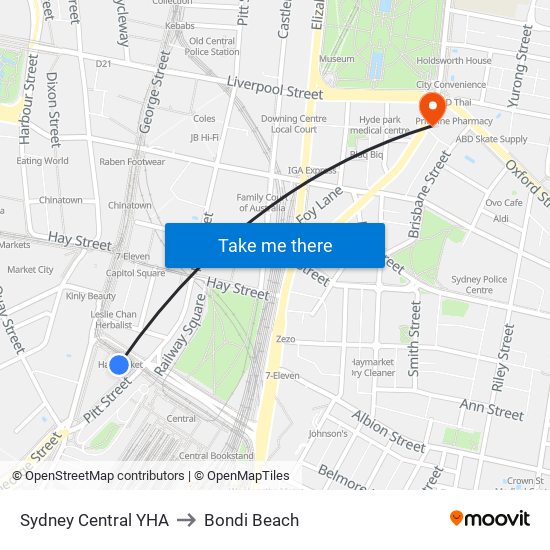 Sydney Central Yha to Bondi Beach map