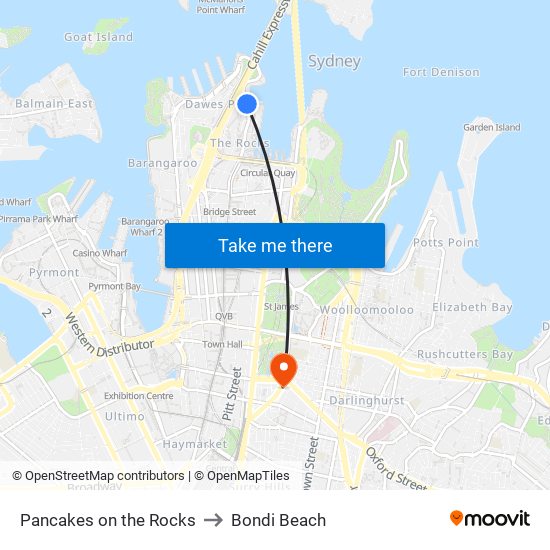 Pancakes on the Rocks to Bondi Beach map
