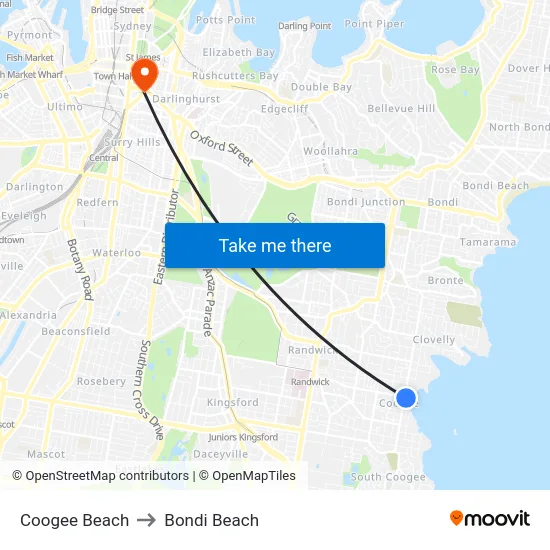 Coogee Beach to Bondi Beach map
