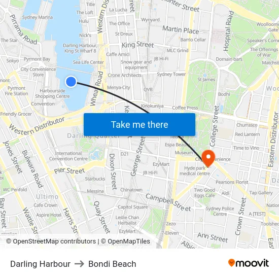 Darling Harbour to Bondi Beach map