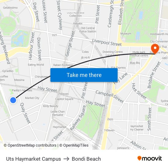 Uts Haymarket Campus to Bondi Beach map