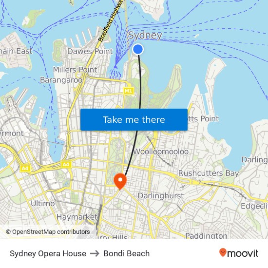 Sydney Opera House to Bondi Beach map