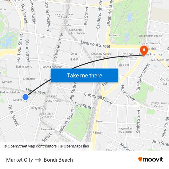 Market City to Bondi Beach map