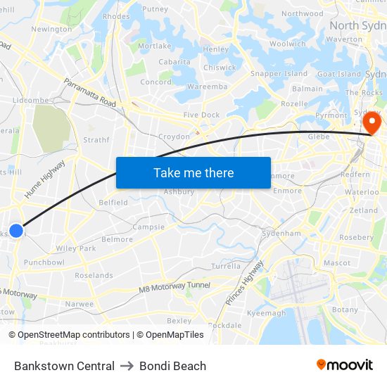 Bankstown Central to Bondi Beach map