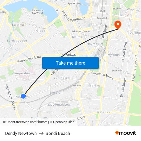 Dendy Newtown to Bondi Beach map
