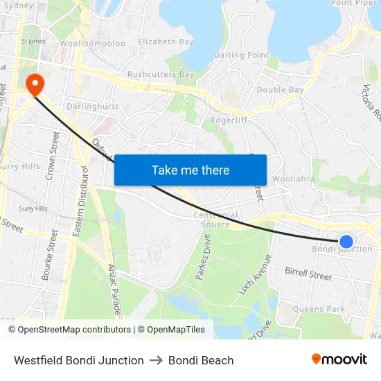 Westfield Bondi Junction to Bondi Beach map