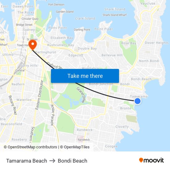 Tamarama Beach to Bondi Beach map