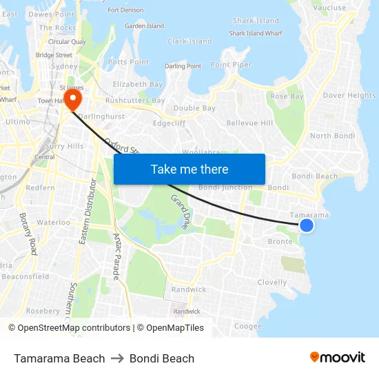 Tamarama Beach to Bondi Beach map