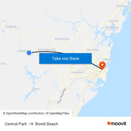 Central Park to Bondi Beach map