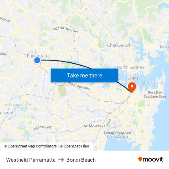 Westfield Parramatta to Bondi Beach map