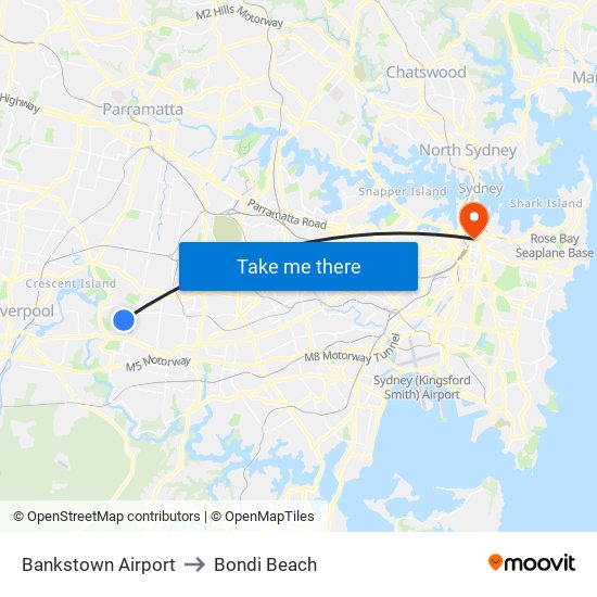 Bankstown Airport to Bondi Beach map