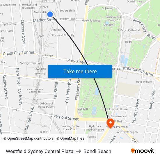 Westfield Sydney Central Plaza to Bondi Beach map