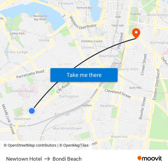 Newtown Hotel to Bondi Beach map