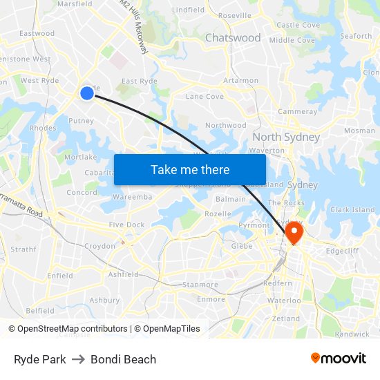 Ryde Park to Bondi Beach map