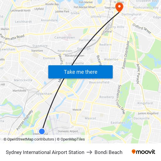 Sydney International Airport Station to Bondi Beach map