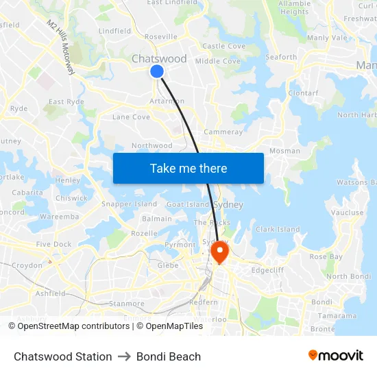 Chatswood Station to Bondi Beach map
