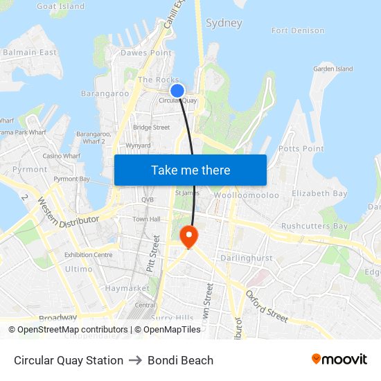 Circular Quay Station to Bondi Beach map