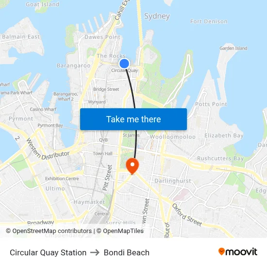 Circular Quay Station to Bondi Beach map