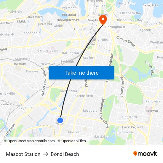 Mascot Station to Bondi Beach map