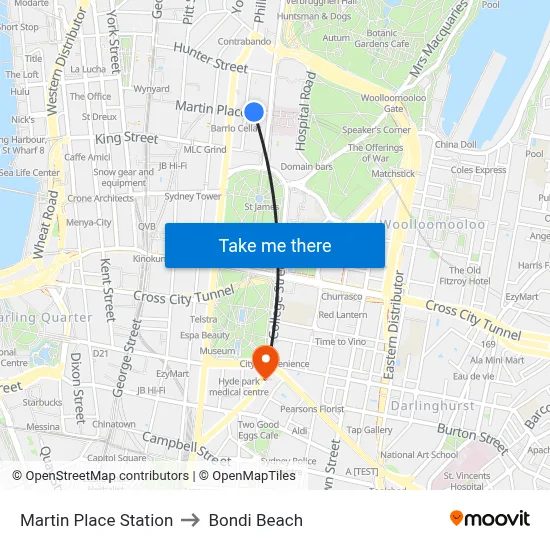 Martin Place Station to Bondi Beach map