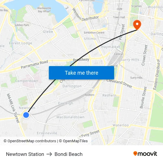Newtown Station to Bondi Beach map