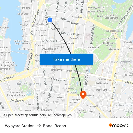 Wynyard Station to Bondi Beach map