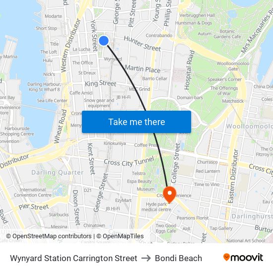 Wynyard Station Carrington Street to Bondi Beach map