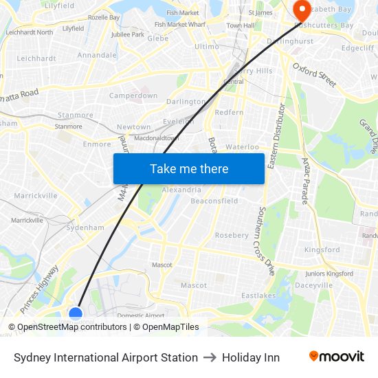 Sydney International Airport Station to Holiday Inn map