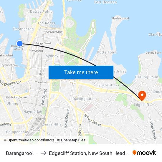 Barangaroo Wharf 2 to Edgecliff Station, New South Head Road (Stand N) map