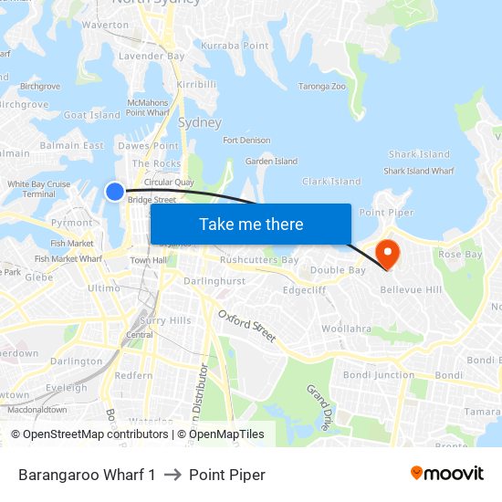 Barangaroo Wharf 1 to Point Piper map