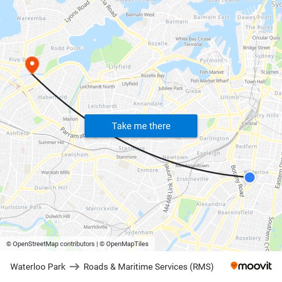 Waterloo Oval to Roads & Maritime Services (RMS) map