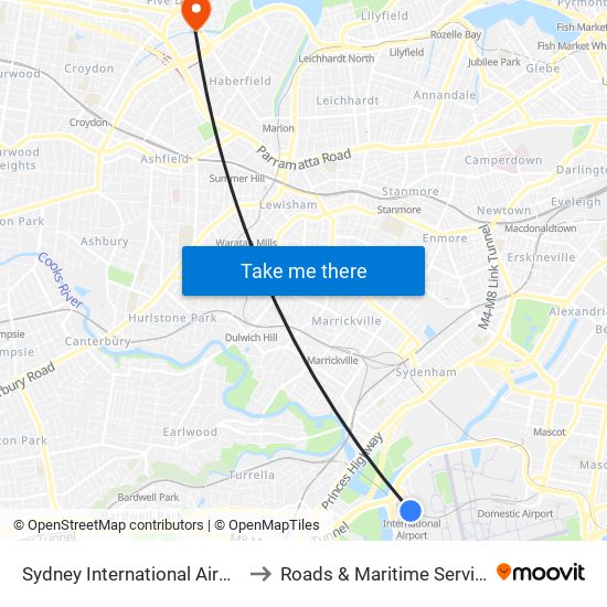 Sydney International Airport Station to Roads & Maritime Services (RMS) map