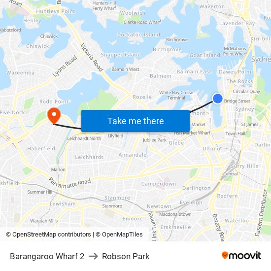 Barangaroo Wharf 2 to Robson Park map