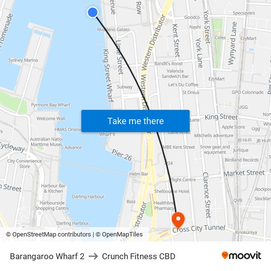 Barangaroo Wharf 2 to Crunch Fitness CBD map
