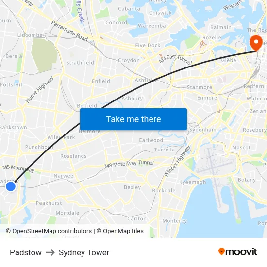 Padstow to Sydney Tower map