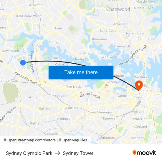 Sydney Olympic Park to Sydney Tower map