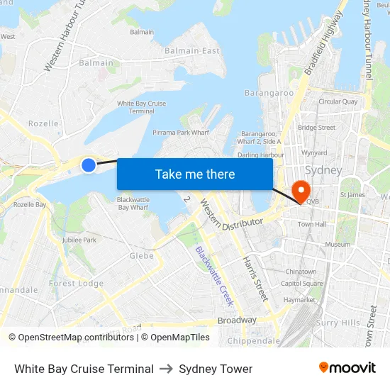 White Bay Cruise Terminal to Sydney Tower map