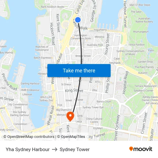 Yha Sydney Harbour to Sydney Tower map