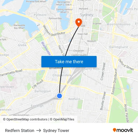 Redfern Station to Sydney Tower map