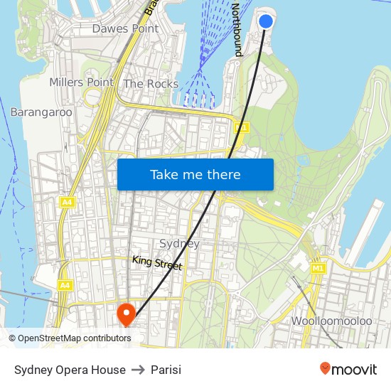 Sydney Opera House to Parisi map